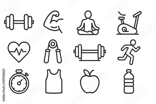 Vector illustration of fitness and health icons depicting exercise, nutrition, and well-being activities in a modern style