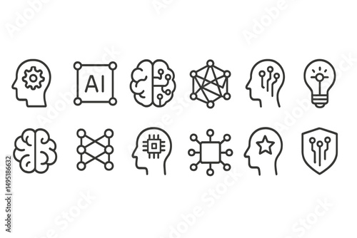 Modern vector illustration showcasing various symbols of artificial intelligence and machine learning concepts in a minimalist style