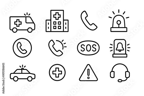 Collection of modern vector icons representing emergency services, medical assistance, and communication tools in a clean design
