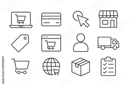 Modern vector illustration depicting various elements of online shopping and e-commerce interactions for a digital experience