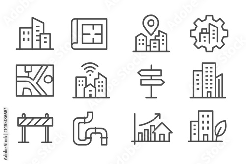 Modern vector illustration showcasing urban development elements, including buildings, maps, and infrastructure symbols in a cohesive design