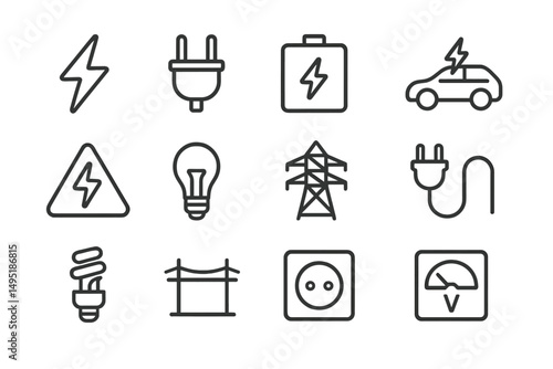 Vector illustration of electricity related icons featuring various symbols and equipment used in energy and power