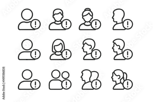 Modern vector illustration featuring diverse figures with exclamation points suggesting alertness or attention in a minimalistic design