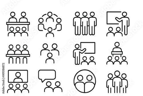 Vector illustration of diverse group activities including discussions, presentations, and teamwork in a modern workspace setting