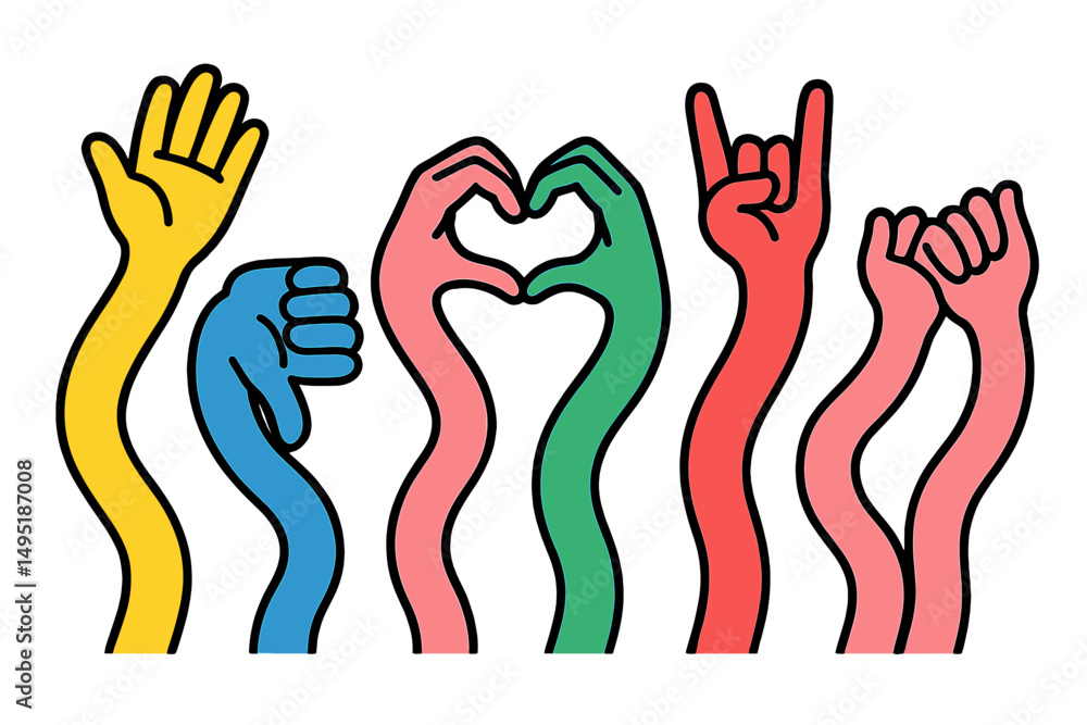 Obraz premium Colorful vector illustration of hands forming various gestures in vibrant hues