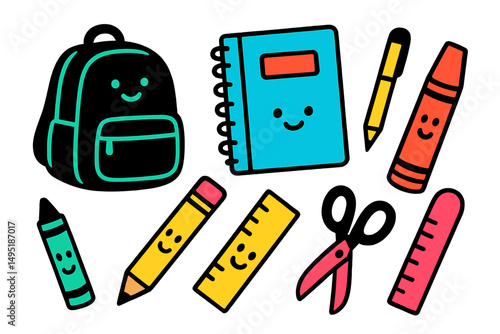 Colorful vector illustration of school supplies featuring a cheerful backpack, notebooks, and writing tools for back-to-school activities