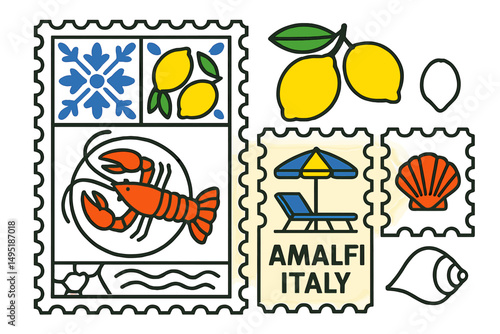 Creative vector illustration depicting Amalfi Coast elements with seafood, lemons, and beach symbols in a playful stamp design