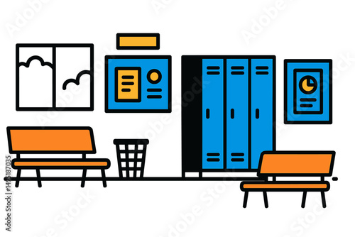 Modern vector illustration of a bright and inviting indoor waiting area featuring lockers and seating