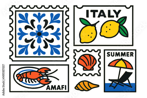 Bright and playful vector illustration featuring summer themes and Italian coastal elements with vibrant colors
