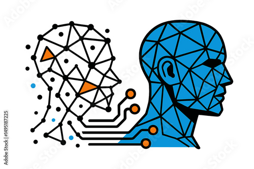 Modern vector illustration showcasing the fusion of human thinking and technology through digital shapes and connections