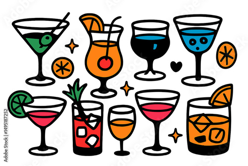 Variety of colorful cocktails illustrated in a modern vector style perfect for summer gatherings and parties