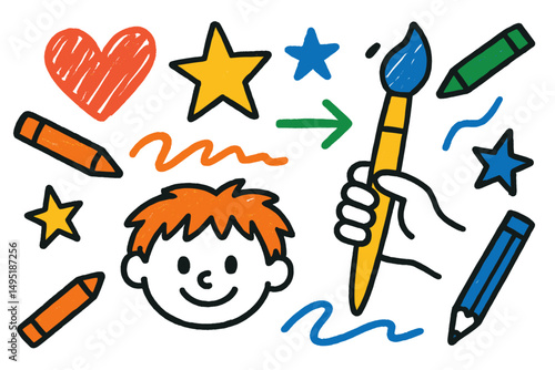 Creative expression through colorful drawings and art supplies in a cheerful modern vector illustration for children