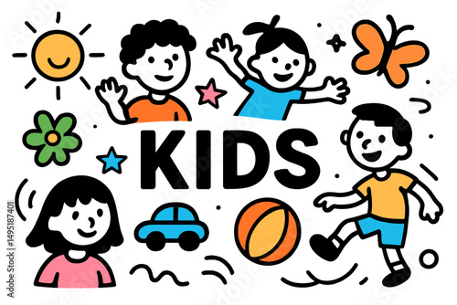 Colorful vector illustration of children playing and enjoying outdoor activities in a sunny environment