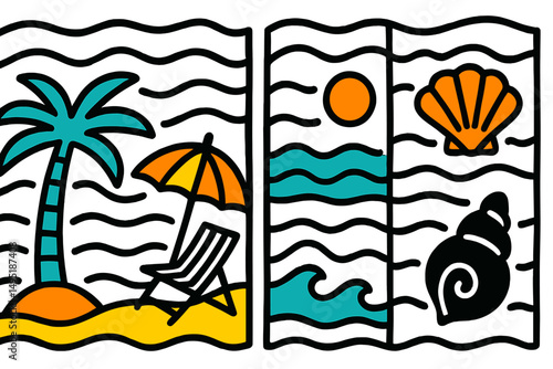 Colorful vector illustration capturing a tropical beach scene with palm trees, a sun, waves, and seashells in a playful design