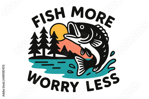 Creative vector illustration featuring a fish jumping in a river with trees and mountains under a sunset sky