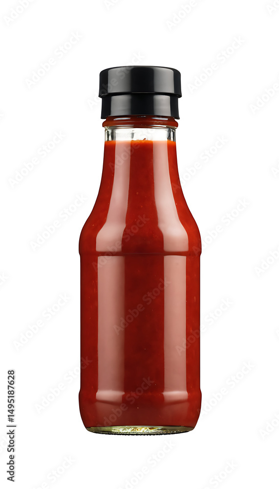 A clear glass bottle of red sauce with a black cap, perfect for product mockups, condiment advertising, or culinary content. A clear glass bottle of red sauce with a black cap, perfect for product mockups, condiment advertising, or culinary content.
