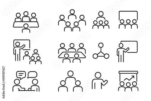 Vector illustration of diverse meeting styles and instructional interactions in a professional setting