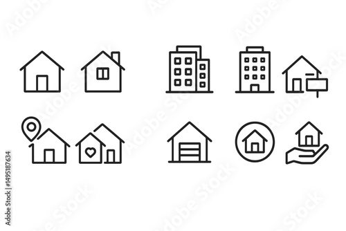 Modern vector illustration of various house designs and related icons in a minimalist style for real estate concepts