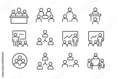 Vector illustrations depicting various group activities and discussions in a modern workspace setting
