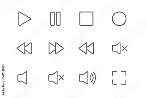 Modern vector illustration of media control icons used for playback and volume adjustment