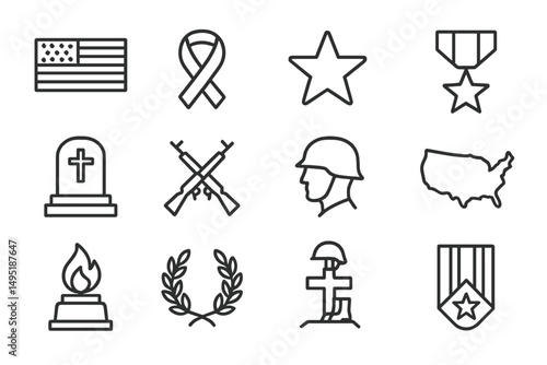 Modern vector illustration featuring symbols of military service and honor in a clean and minimalistic design