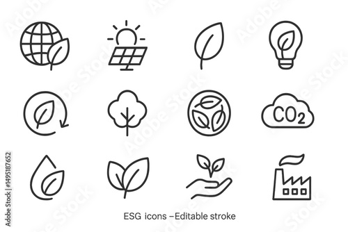 Modern vector illustration featuring various eco-friendly symbols representing sustainability and environmental consciousness