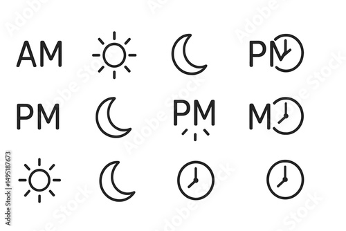 Modern vector illustration of time symbols representing AM and PM with various clock and sun designs