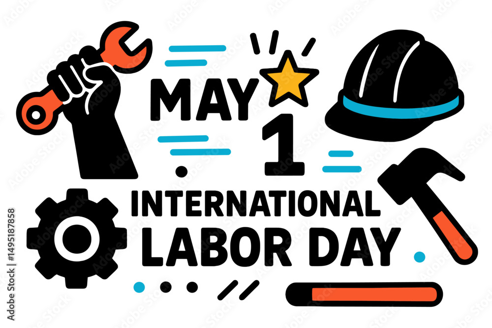 Celebrate International Labor Day on May 1 with symbols of work and unity in a modern vector illustration featuring tools and a hard hat Celebrate International Labor Day on May 1 with symbols of work and unity in a modern vector illustration featuring tools and a hard hat