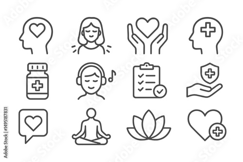 Health and wellness vector illustration featuring various elements promoting emotional and mental well-being