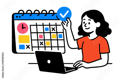 Modern vector illustration of a person organizing a calendar while using a laptop