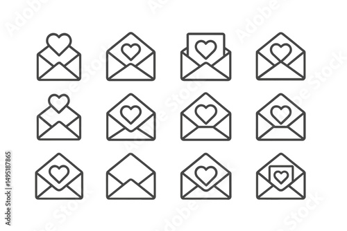 Vector illustration of heart-themed envelopes in various designs and arrangements for celebration