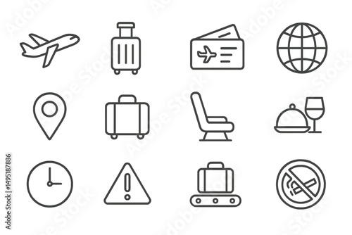 Modern vector illustration of travel icons including airplane, suitcase, ticket, globe, and more for airport themes