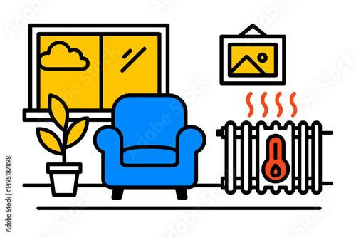 Cozy room design with modern vector illustration featuring a blue chair and heater by the window