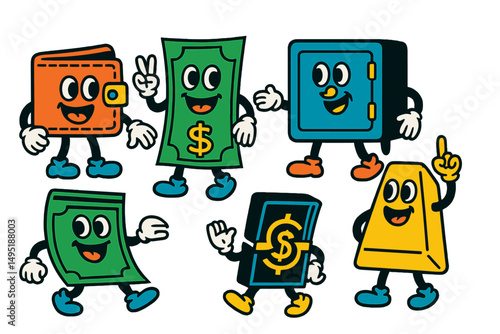 Playful modern vector illustration of money and finance characters engaging in fun activities together