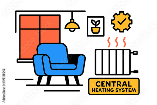 Comfortable living space with modern heating and cozy decor in an interior illustration featuring a central heating system