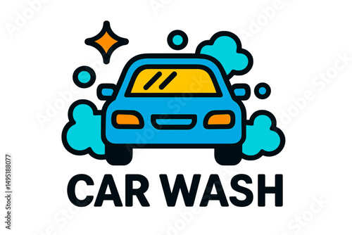 Colorful modern vector illustration of a car wash with bubbles and a shining vehicle in a cheerful design