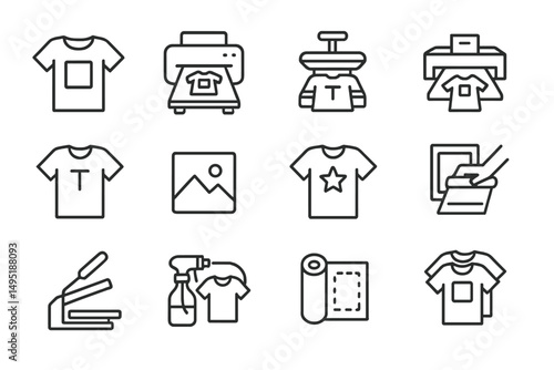 Creative process of t-shirt printing with modern vector illustrations and essential tools in a minimalist style