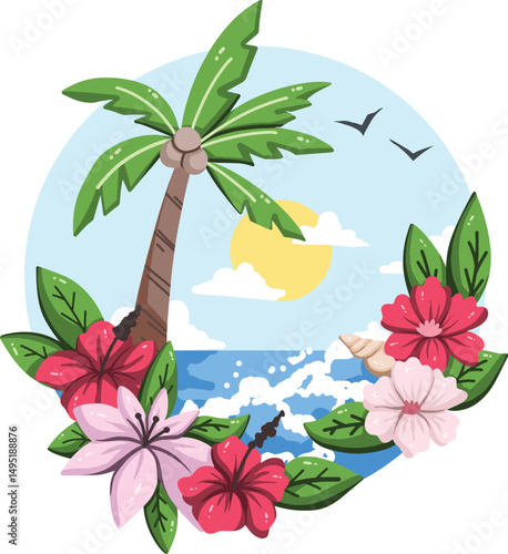 Tropical Beach Scene with Palm Tree and Flowers