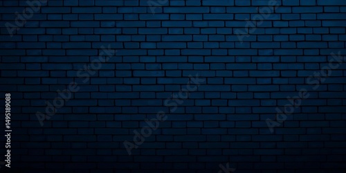 A wide, textured navy blue brick wall stretches into a gloomy night Dark indigo masonry provides a large, long backdrop, bricks, wall texture
