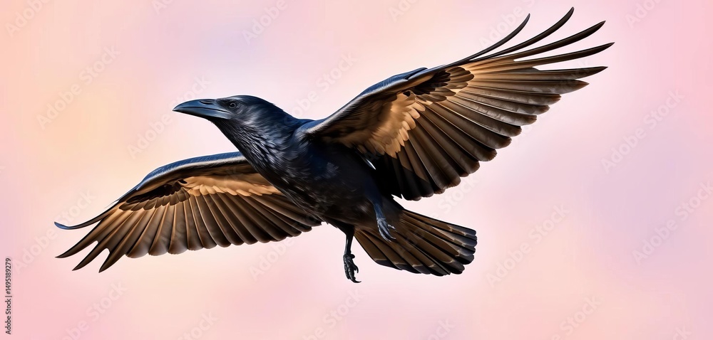 Obraz premium Bold graphic of a crow in flight, dynamic pose, vibrant color background, background, digital art