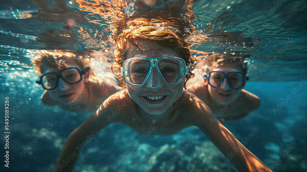 Naklejka premium Children scuba diving underwater in a beautiful island beach.