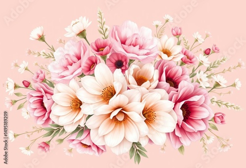Boho floral bouquets, pink beige white palette, vector illustrations for covers,  pretty,  pictures