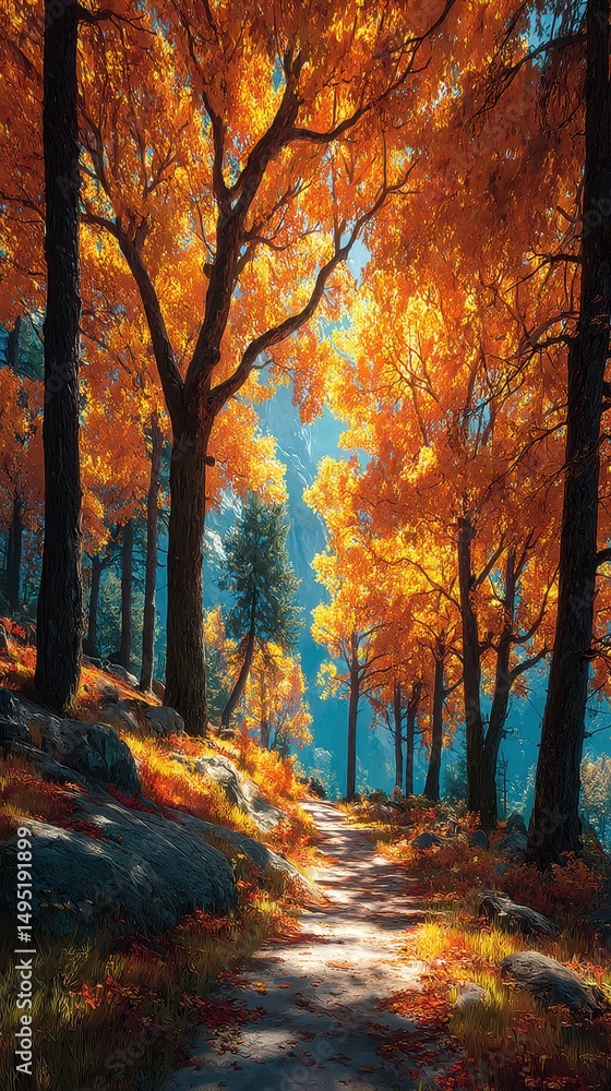 Fototapeta premium Vibrant autumn pathway surrounded by golden foliage in a tranquil forest at midday