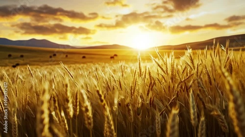 Golden Hour Grainfield: A stunning shot captures the warmth of the setting sun as it bathes a vast grainfield in a golden hue, illuminating each individual stalk.