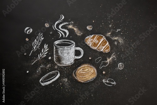Chalkboard background with white chalk coffee cup and beans hand-drawn design, vintage breakfast menu concept for cafe decor.