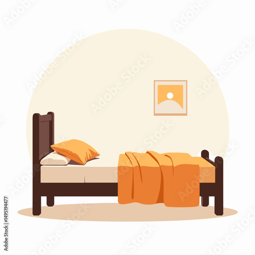 Cozy bed with orange pillows and blanket in minimalist bedroom  
