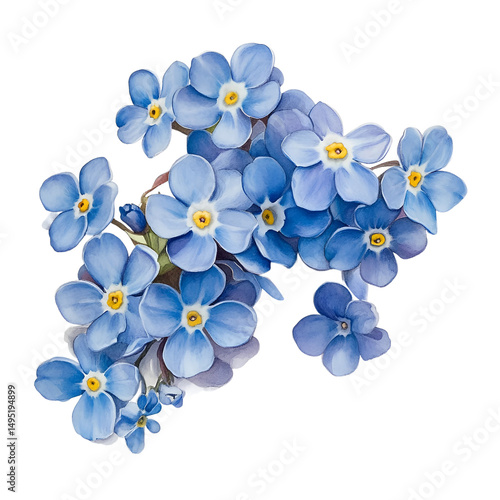 Cluster of blue forget-me-not flowers isolated on transparent background