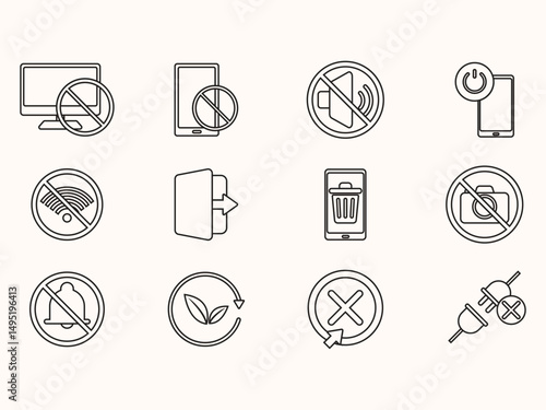 Outline style digital detox icon set with simple vectors