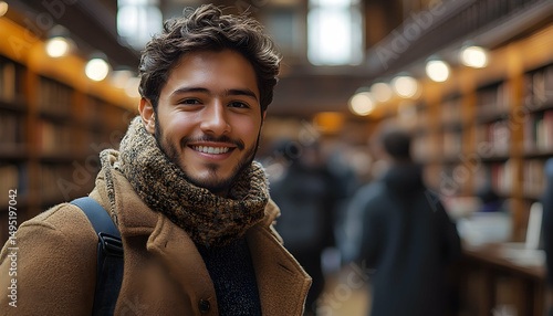 Smiling man in coat and scarf in a library. Bookshelves blur in the background, suggesting depth of field
