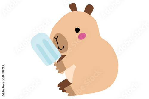 Cute capybara with popsicle ice cream. Happy kawaii Capybara sticker clipart animal illustration. Water guinea pig. Stock vector illustration isolated on white background.